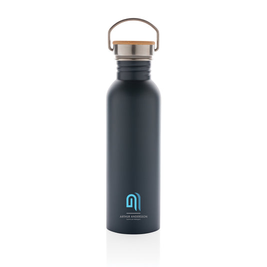 Modern stainless steel bottle with bamboo lid - Custom Wood Designs
