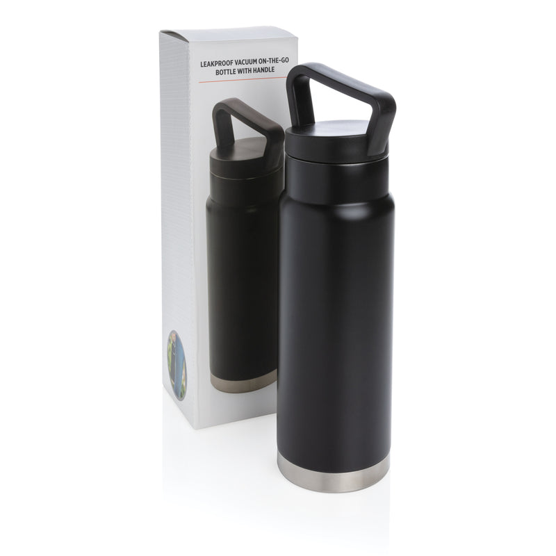 Load image into Gallery viewer, Leakproof vacuum on-the-go drinkware bottle with handle by XD Collection, featuring a sleek design and secure lid for portable hydration.
