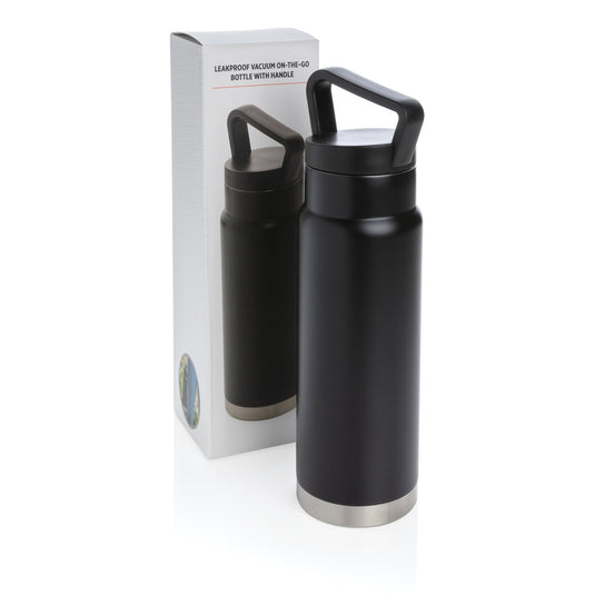 Leakproof vacuum on-the-go drinkware bottle with handle by XD Collection, featuring a sleek design and secure lid for portable hydration.
