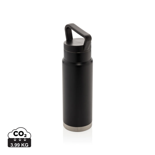 Leakproof vacuum drinkware bottle with handle from XD Collection, ideal for on-the-go hydration, featuring a sleek design and secure lid.