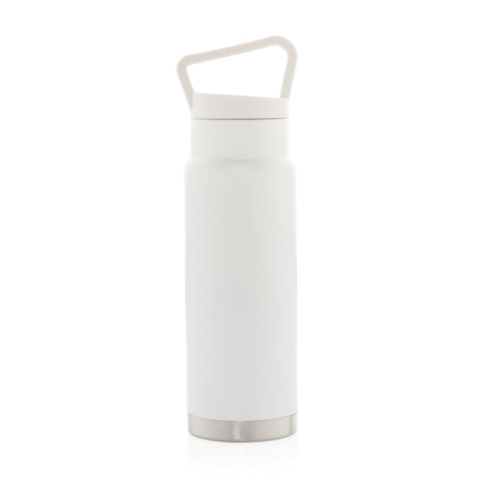 Leakproof vacuum on-the-go bottle with handle from XD Collection, showing the sleek drinkware design and secure lid.