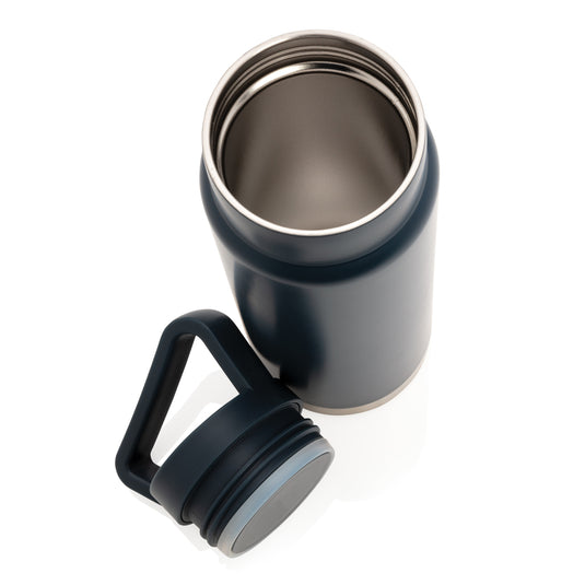 Leakproof vacuum on-the-go drinkware bottle with handle from XD Collection, featuring a sleek design and secure lid for travel.