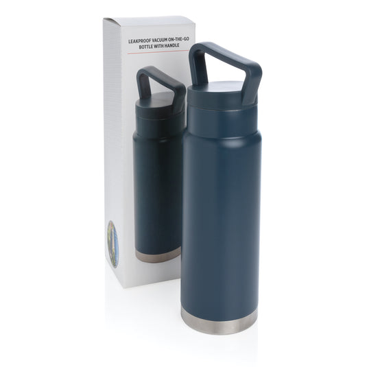 Leakproof vacuum on-the-go bottle with handle from XD Collection, showcasing durable drinkware with secure lid and ergonomic design.