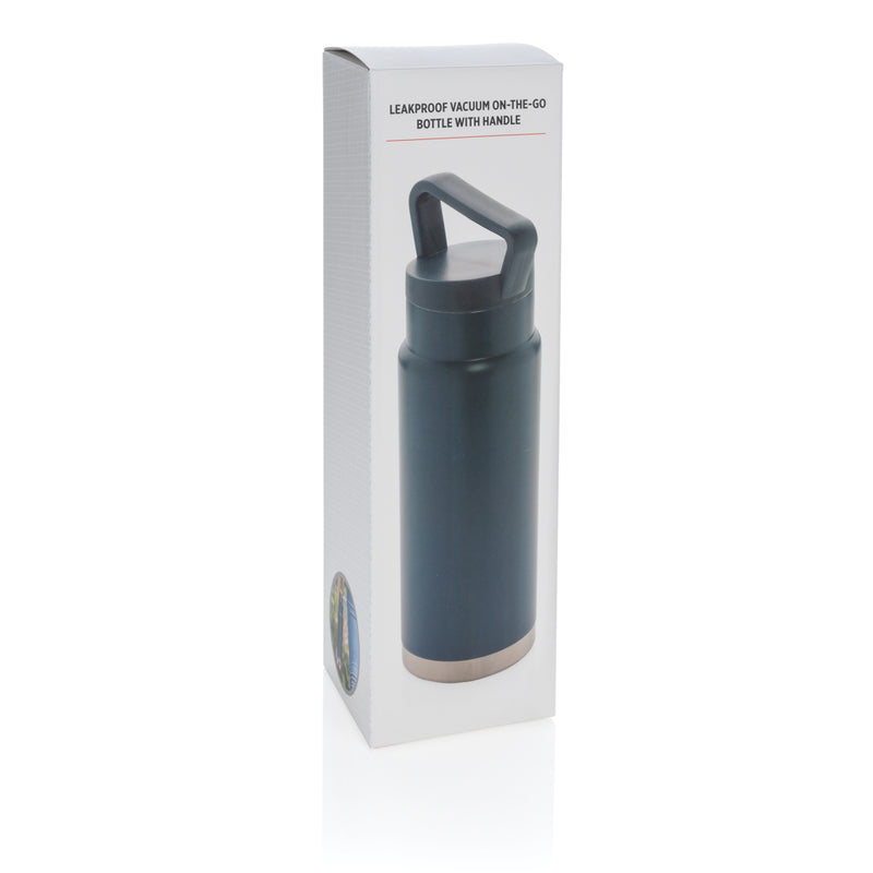 Load image into Gallery viewer, Leakproof vacuum on-the-go bottle with handle from XD Collection, featuring a sleek drinkware design and secure lid for travel.
