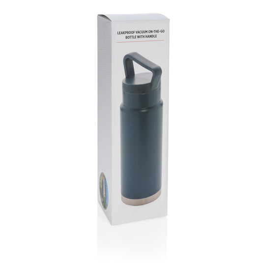 Leakproof vacuum on-the-go bottle with handle from XD Collection, featuring a sleek drinkware design and secure lid for travel.