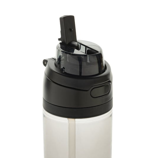 XD Collection Omni Sip RPET 800ML water bottle in clear plastic with a screw-on lid and ergonomic grip for easy drinking.
