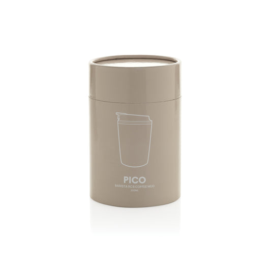 XD Xclusive Pico Barista RCS 220ML coffee mug in tube gift box, white ceramic drinkware with black logo design.