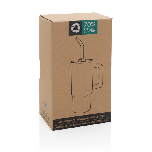Embrace deluxe RCS recycled stainless steel tumbler 900ml by XD Collection, featuring a sleek drinkware design with a lid.