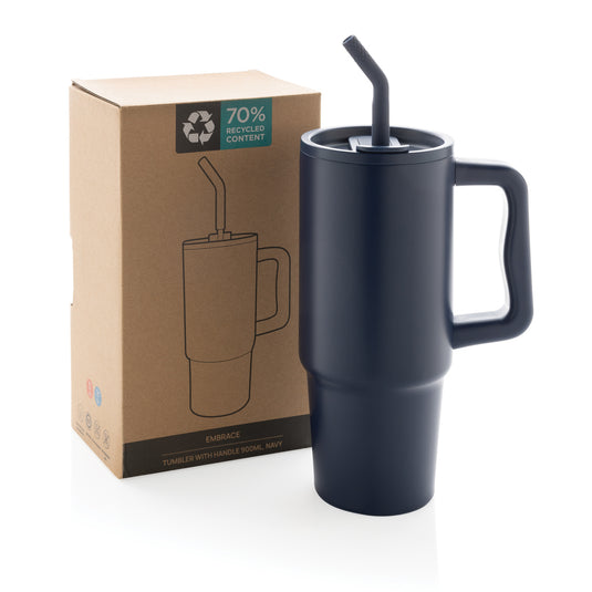 Embrace deluxe RCS recycled stainless steel tumbler by XD Collection, 900ml, with a sleek design and spill-proof lid.