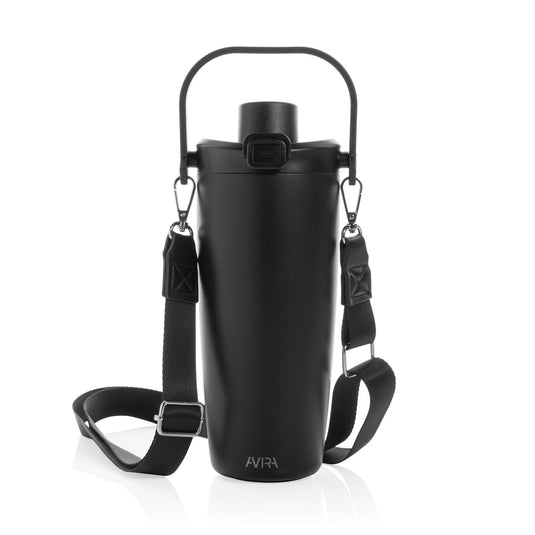 Avira Ayala RCS re-steel duosip lockable crossbody tumbler with stainless steel finish and secure lid, designed for travel and everyday use.