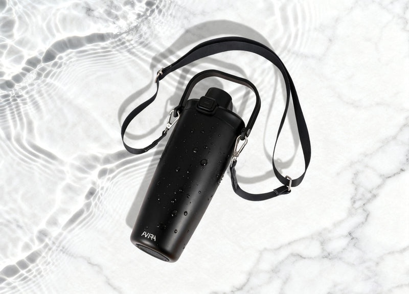 Load image into Gallery viewer, Avira Ayala RCS re-steel duosip lockable crossbody tumbler with stainless steel finish and secure lid, designed for drinks on the go.
