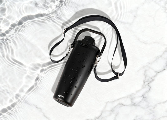 Avira Ayala RCS re-steel duosip lockable crossbody tumbler with stainless steel finish and secure lid, designed for drinks on the go.