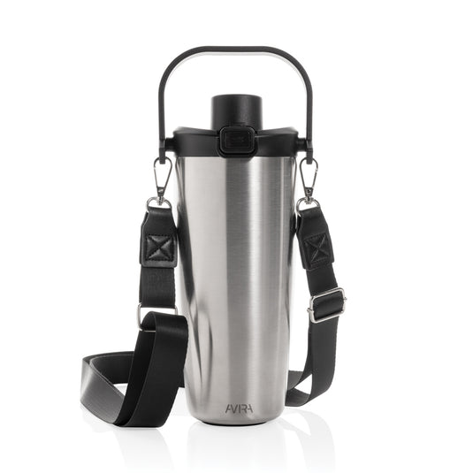 Avira Ayala RCS re-steel duosip lockable crossbody tumbler for drinks, with a sleek stainless steel design and secure lid.