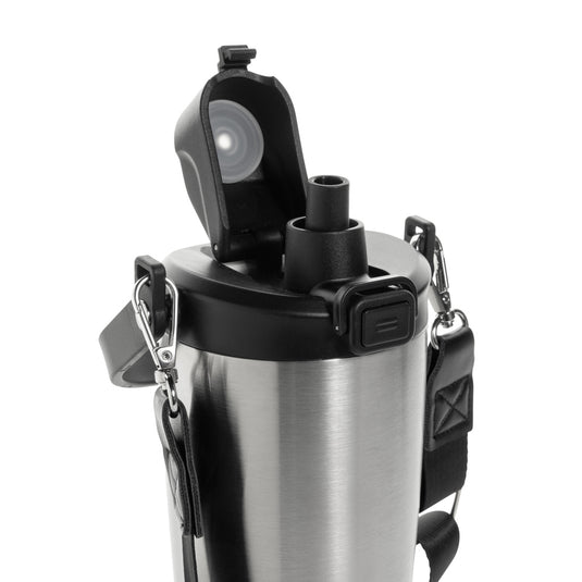 Avira Ayala RCS re-steel duosip lockable crossbody tumbler showing stainless steel body and secure lid, ideal for drinks on the go.