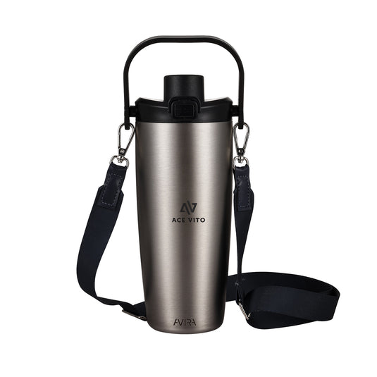 Avira Ayala RCS re-steel duosip lockable crossbody tumbler with lid, stainless steel drinkware for on-the-go beverages.
