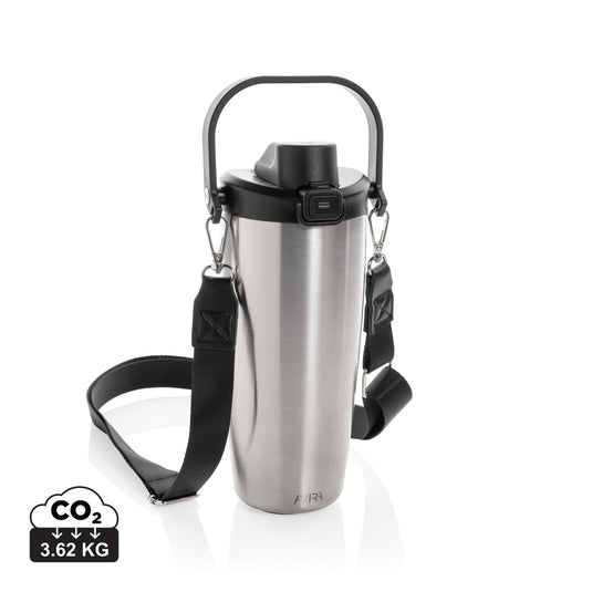 Avira Ayala RCS re-steel duosip lockable crossbody tumbler with stainless steel finish and secure lid for on-the-go drinking.