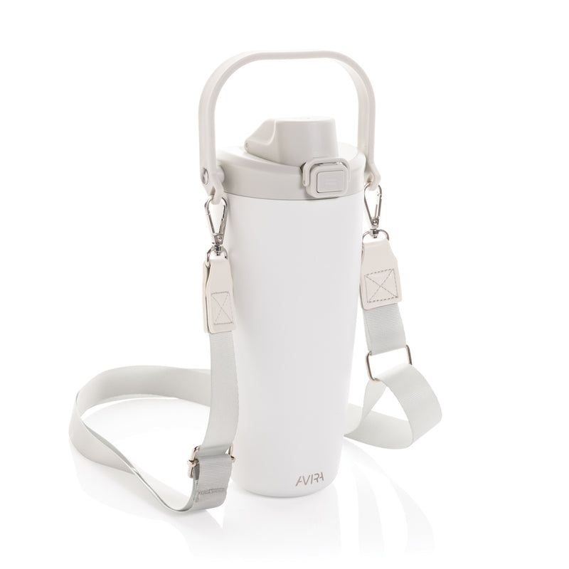 Load image into Gallery viewer, Avira Ayala RCS re-steel duosip lockable crossbody tumbler in silver with a black lid and strap for portable drinkware.
