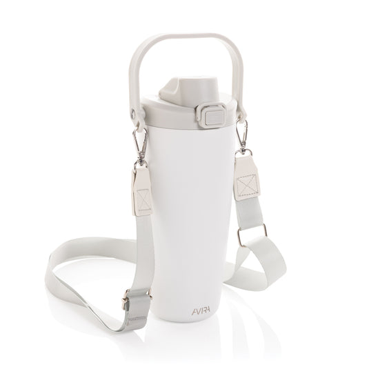 Avira Ayala RCS re-steel duosip lockable crossbody tumbler in silver with a black lid and strap for portable drinkware.