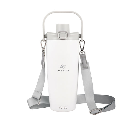 Avira Ayala RCS re-steel duosip lockable crossbody tumbler with stainless steel finish and secure lid for drinks on the go.