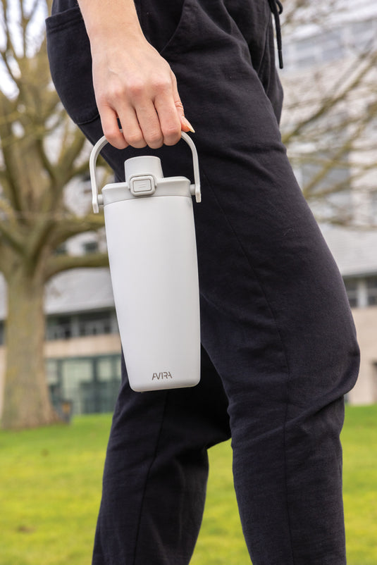Avira Ayala RCS re-steel duosip lockable crossbody tumbler with drinkware design, featuring a sleek stainless steel finish.