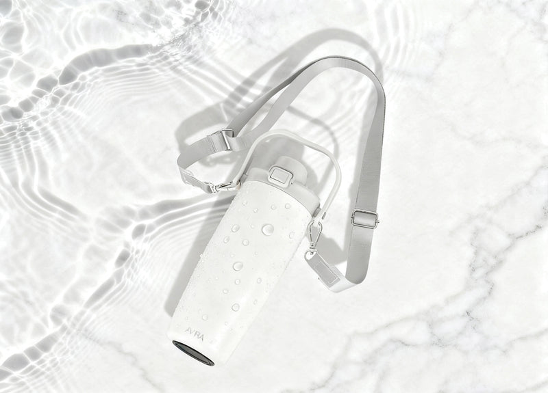 Load image into Gallery viewer, Avira Ayala RCS re-steel duosip lockable crossbody tumbler with stainless steel finish and secure lid for travel drinkware
