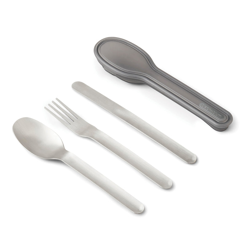 Load image into Gallery viewer, Black+Blum outdoor cutlery set featuring stainless steel fork, knife, and spoon with black handles, ideal for picnics and outdoor dining.
