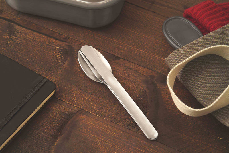 Load image into Gallery viewer, Black + Blum outdoor cutlery set including fork, knife, and spoon with sleek black handles on a neutral background.
