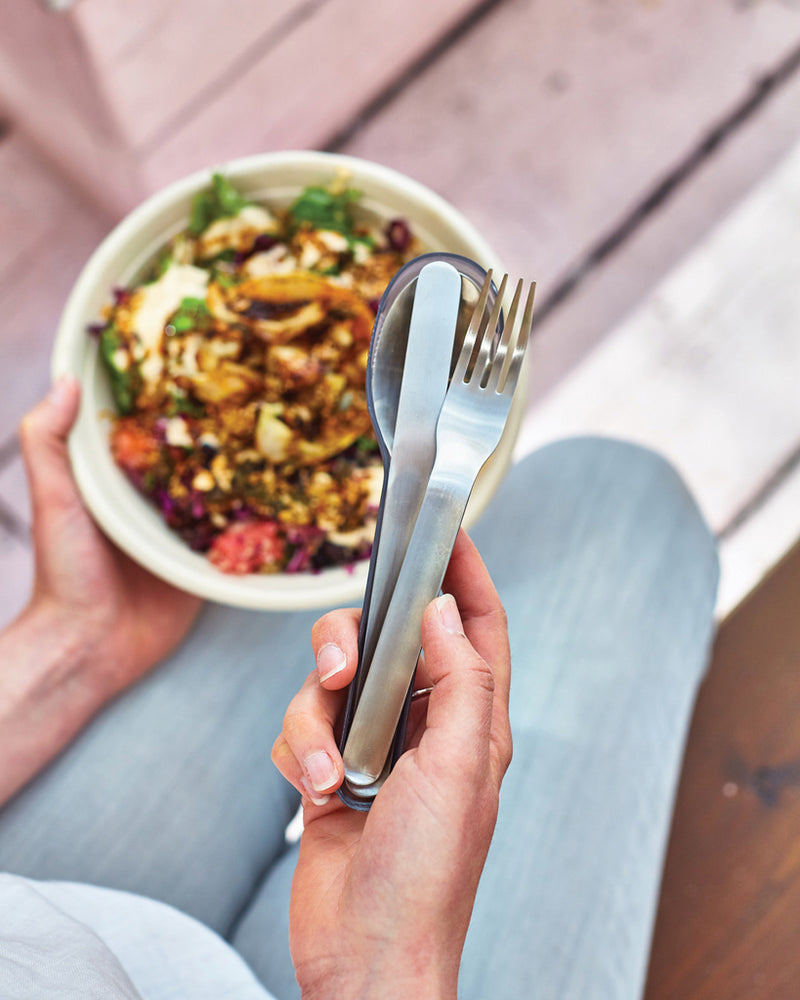 Load image into Gallery viewer, Black + Blum outdoor cutlery set with black handles, including fork, knife, and spoon, displayed on a white background.
