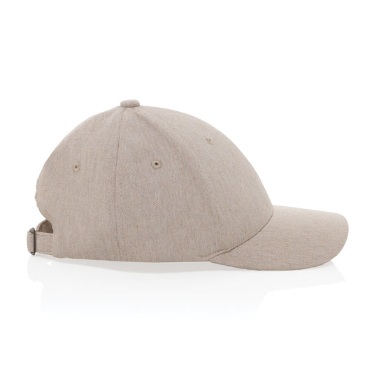 XD Collection Milo recycled heather 6-panel cap in 200g headwear, showing the stylish, eco-friendly design and adjustable strap.