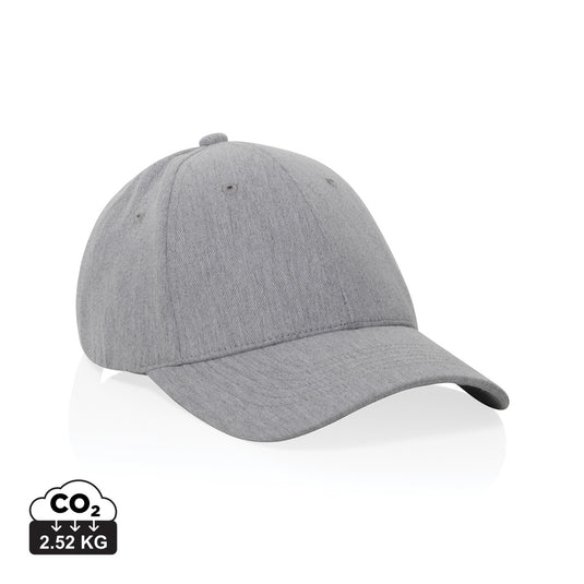 Recycled Heather Milo 6-panel cap by XD Collection, headwear made from eco-friendly materials, showing front view with branding details.