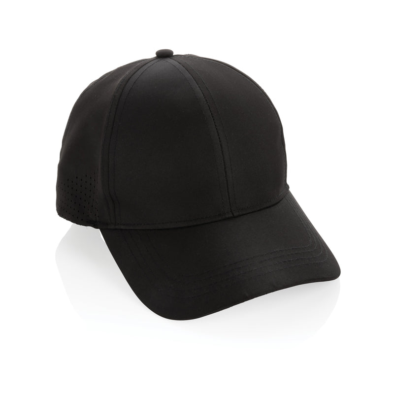 Load image into Gallery viewer, XD Collection Impact AWARE™ RPET 6-panel sports cap, eco-friendly headwear with curved brim and adjustable strap, in black.
