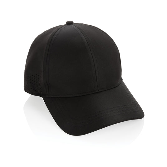 XD Collection Impact AWARE™ RPET 6-panel sports cap, eco-friendly headwear with curved brim and adjustable strap, in black.