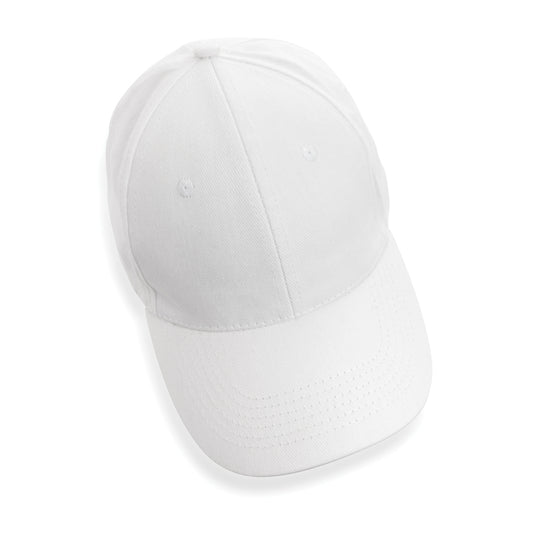 Six-panel recycled cotton cap from XD Collection featuring AWARE™ tracer, showcasing eco-friendly headwear with a classic design.
