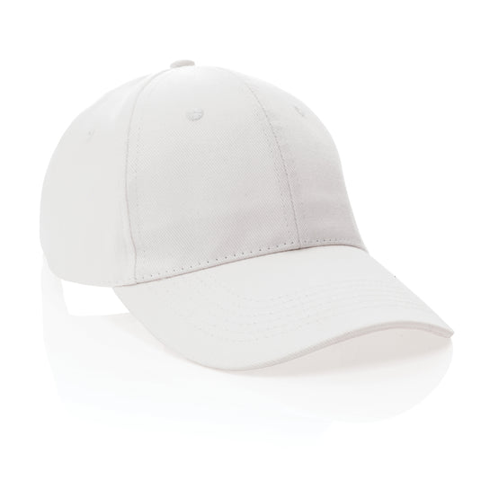 Six-panel recycled cotton cap by XD Collection with AWARE™ tracer, showcasing eco-friendly headwear in natural fabric and design.