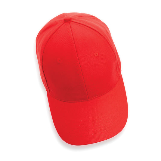 Six-panel recycled cotton cap with AWARE™ tracer from XD Collection, showing a stylish headwear design in natural colors.