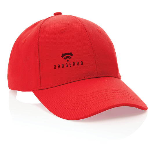 Six-panel recycled cotton cap from XD Collection with AWARE™ tracer, showcasing its eco-friendly design and classic headwear style.