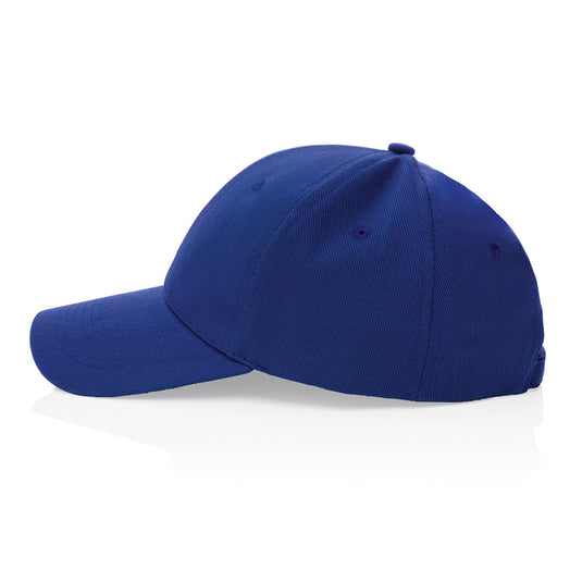 Six-panel recycled cotton cap with AWARE™ tracer from XD Collection, showcasing its casual headwear design and eco-friendly material.