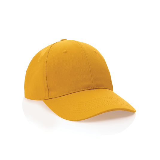 Six-panel recycled cotton cap from XD Collection with AWARE™ tracer, showcasing its eco-friendly headwear design.