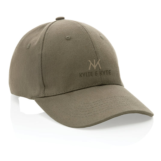 Six-panel XD Collection recycled cotton cap with AWARE™ tracer, featuring eco-friendly headwear design in natural tones.