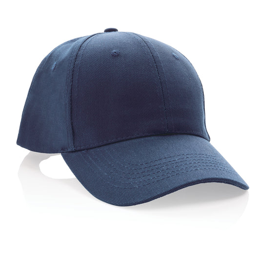 Six-panel recycled cotton cap with AWARE™ tracer from XD Collection, showcasing its casual headwear design and eco-friendly material.