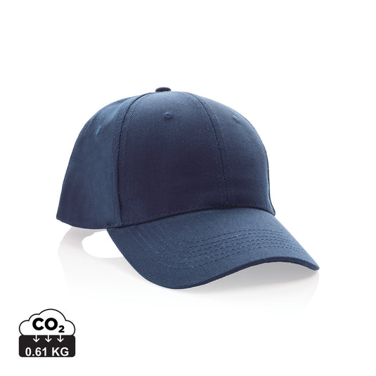Six-panel recycled cotton cap from XD Collection with AWARE™ tracer, showcasing the eco-friendly headwear design and branding details.