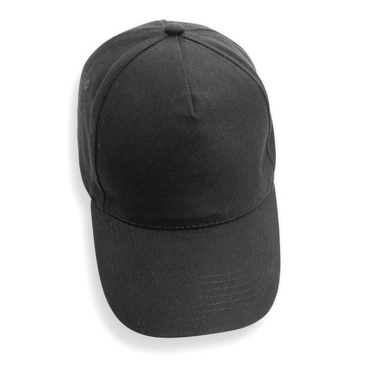 5-panel XD Collection recycled cotton cap with AWARE™ tracer, showcasing its eco-friendly design and adjustable headwear style.