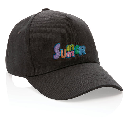 5-panel recycled cotton cap with AWARE™ tracer by XD Collection, showcasing eco-friendly headwear with a stylish design.