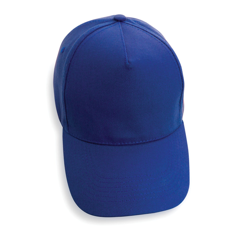 Load image into Gallery viewer, 5-panel recycled cotton cap from XD Collection featuring AWARE™ tracer, showcasing eco-friendly headwear with adjustable strap and branding.
