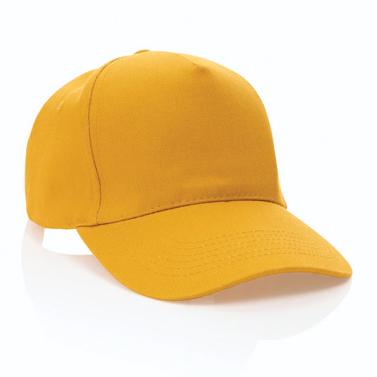 Recycled cotton 5-panel cap with AWARE™ tracer by XD Collection, featuring a casual headwear design and adjustable strap.