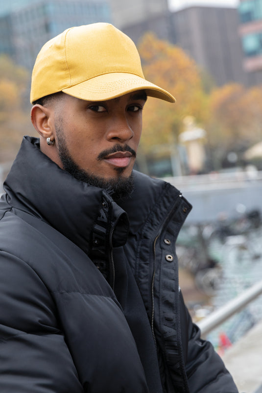Recycled cotton 5-panel cap by XD Collection with AWARE™ tracer, showcasing its eco-friendly headwear design.