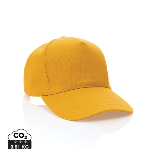 XD Collection 5-panel recycled cotton cap with AWARE™ tracer, showcasing eco-friendly headwear with adjustable strap and branding details.