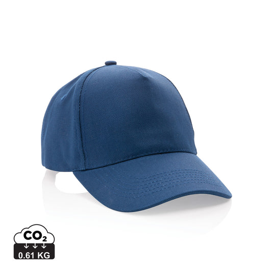XD Collection 5-panel recycled cotton cap with AWARE™ tracer, featuring a 280g fabric and adjustable strap, casual headwear for sustainable style.