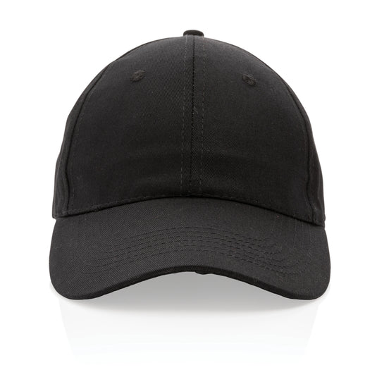 Six-panel XD Collection recycled cotton cap with AWARE™ tracer, showcasing eco-friendly headwear design and adjustable strap.