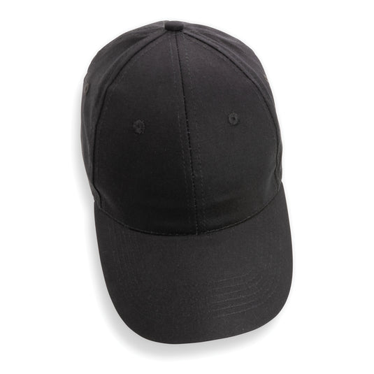 Six-panel recycled cotton cap by XD Collection featuring AWARE™ tracer, showcasing eco-friendly headwear with a classic design.